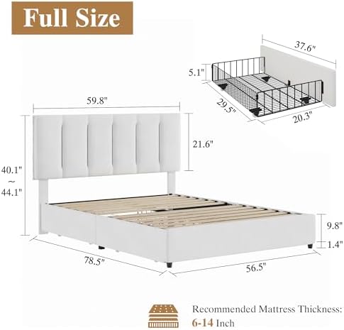 VECELO Full Size Bed Frame with 4 Storage Drawers, Adjustable Height Headboard, Heavy-Duty Platform Bedframe with Strong Wooden Slats, No Box Spring Needed, Velvet & White