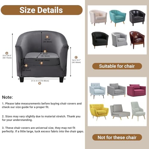 Barrel Chair Slipcovers, 2 Piece Dark Gray Club Armchair Slipcover with Cushion Cover, Non-Slip Washable Furniture Protector Soft Stretch Chair Slip Cover with Arms for Living Room Bar Counter