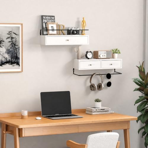 Floating Shelves With Drawers Set of 2, Wall Mounted Storage for Bathroom