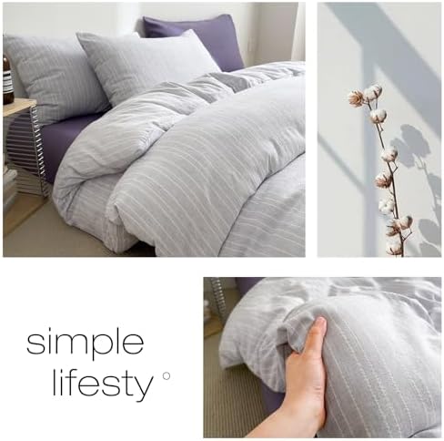 Vintage Lilac Striped Duvet Cover King 3Pcs Cottage Textured Bedding Set