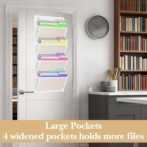 Over the Door File Organizer - Hanging Wall Mounted File Folders Storage with 4 Extra Large Pockets for Home, 0ffice, Classroom, Chart Papers, Files, Letters, Planner, Documents, Magazine Book