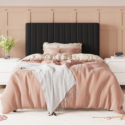 Allewie Twin Bed Frame, Velvet Upholstered Platform Bed with Adjustable Vertical Channel Tufted Headboard, Mattress Foundation with Strong Wooden Slats, Box Spring Optional, Easy Assembly, Black
