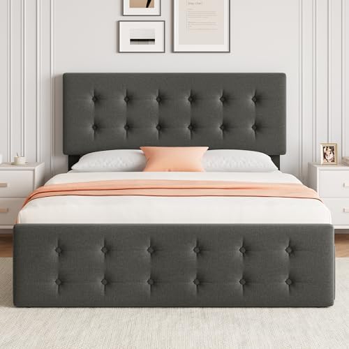 IDEALHOUSE Full Bed Frame with 4 Storage Drawers and Headboard, Light Grey