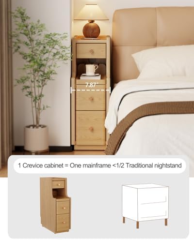 Solid Wood Narrow Nightstand with 3 Drawers,Modern Natural,Fully Assembled