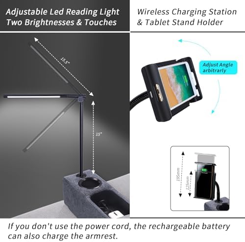 Removable Sofa Armrest, Dual Cup Holders Large Size Multifunctional Couch Caddy Storage Arm Rest with Power Wireless Charging Stand & LED Reading Light for Sofa Middle Seat Parts