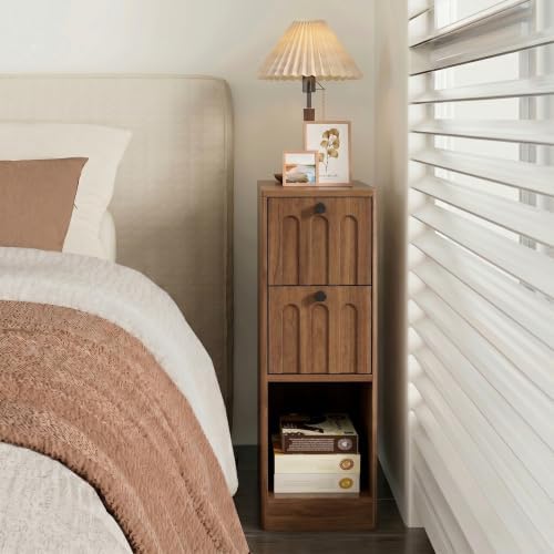 Narrow Walnut Nightstand Set of 2, Small Bedside Table, Wood Nightstand with Arched Drawer, Side End Table, Mid Century Modern Night Stand, Bedroom, Small Spaces, Slim