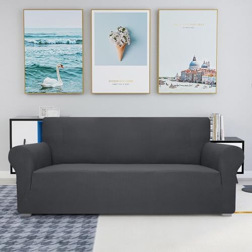 JIVINER High Stretch Couch Covers for 3 Cushion Couch, 1-Piece Jacquard Sofa Slipcovers Fitted Washable Sofa Covers with Elastic Bottom Furniture Protector for Kids Pets (Sofa, Grey)