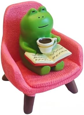 Miniature Frog Figurine Reading Book & Drinking Coffee on Pink Sofa - Cute Resin Desk Decor for Office & Home, Book Shelf Decor, Unique Gift for Frog Lovers