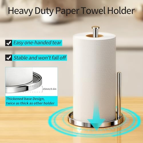 Paper Towel Holder Countertop, Standing Paper Roll Holder with Anti Slip Weighted Base, Stainless Steel Freestanding Paper Towel Holder for Kitchen, Chrome