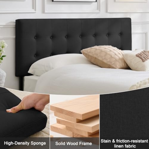 Linen Tufted Headboard King Size, Solid Wood King Headboard Only, Black