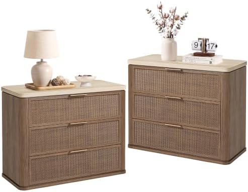 Night Stand Set 2, Rattan Nightstand with 3 Drawers
