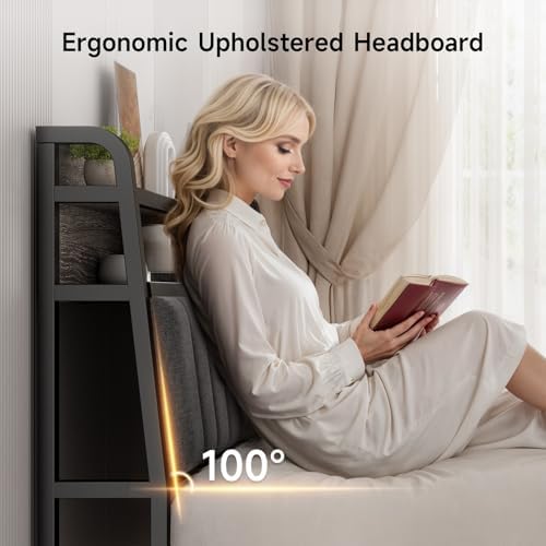 ONBRILL Ergonomic Headboard King Size with 2-Tier Storage, Black & Grey