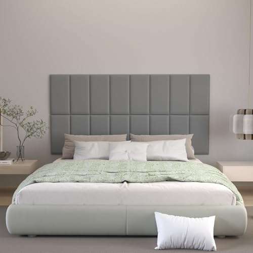 Peel and Stick Headboard Grey Upholstered Wall Panels, 4 Panels Sized 7.8" x 15.7", 3D Anti-Collision Soundproof Self-Adhesive Wall Panel for Bedroom