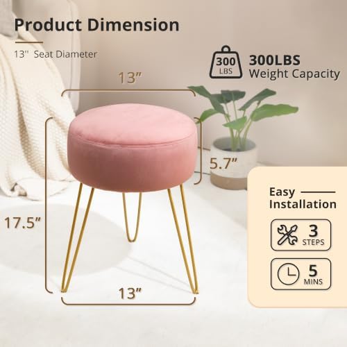 LUE BONA Vanity Stool, Pink Vanity Stools for Makeup Room, Round Ottoman Foot Stool, Velvet Footrest Vanity Chair for Bathroom Vanity, Bedroom, Living Room, Entryway, Offices, 300lbs
