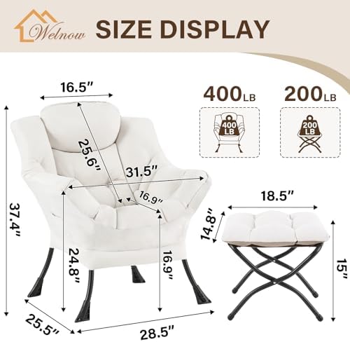 Welnow Lazy Chair with Ottoman, Reading Chair with Footrest, Beige