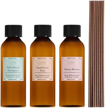 COCORRÍNA Reed Diffuser Refill Set, 10.2oz Scented Oil Refill 3 Pack, Sandalwood Rose, Cherry Blossom, Wild Mint & Eucalyptus, Long Lasting Oil Diffuser Refill with18 Sticks for Bathroom & Bedroom