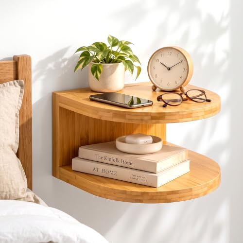 Bamboo Floating Wall Mounted Nightstand Wall Storage Shelf (1, Nature)