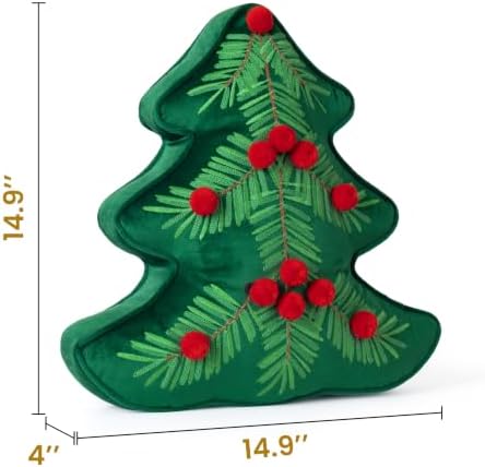 AELS Christmas Tree Pillow with Red Pom-pom, Embroidered Decorative Holiday Pillow, Holiday Throw Pillows for Christmas Decor, Plush Tree Shaped Decorative Pillows for Living Room Bedroom Sofa, Green