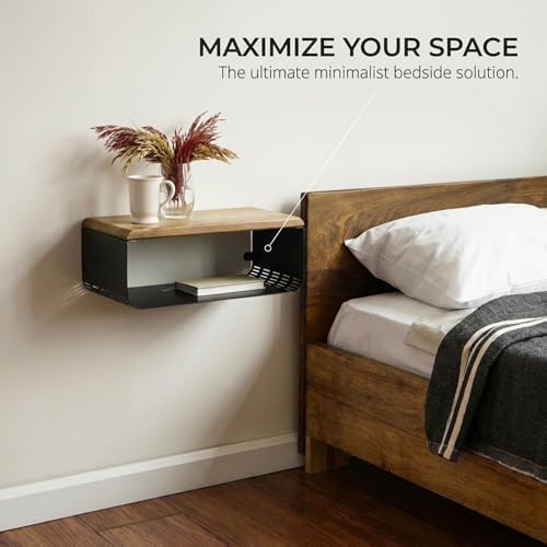 Floating Nightstand with Walnut Top | Modern Bedroom Decor | Minimalist Wall-Mounted Bedside Nightstand | Wall Mounted Shelf | Obsidian Oasis: Bold Black