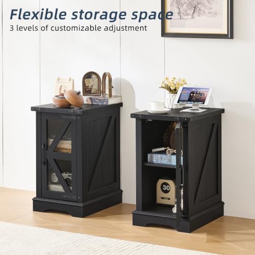 Joaxswe Narrow Night Stand with Charger Station, Glass Barn Door