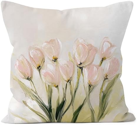 Vintage Pastel Tulip Floral Lumbar Pillow Cover 18x18 Double-Sided, Farmhouse Spring Decor, Abstract Floral Botanical Decorative Throw Pillow Cover for Living Room Home Bedroom