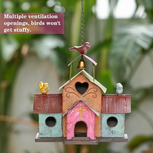 Large Bird Houses for Outside Hanging, 4 Hole Outdoor Bird House with Bell, Easy Clear, Colorful Metal Bird Houses for Outside.
