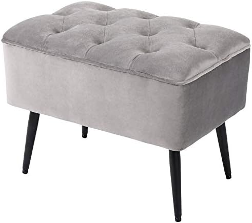 BIRDROCK HOME Rectangle Tufted Velvet Ottoman Foot Rest - 21.5x14x16.5” Small Foot Stool with Legs - Upholstered Padded Footrest Modern Ottomans for Living Room Furniture, Bedroom Footstool (Grey)