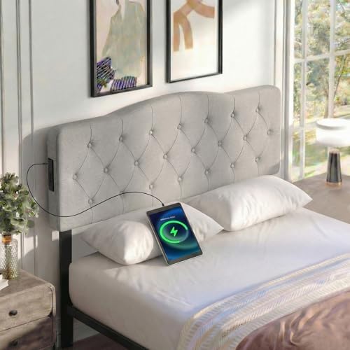 GIANTEX Headboard with Charging Station, Queen/Full Size Button Tufted Upholstered Head Board w/2 AC Outlets, USB & Type-C Ports, Rubber Wood Legs, Width Adjustable Modern Bed Headboard Only (Grey)