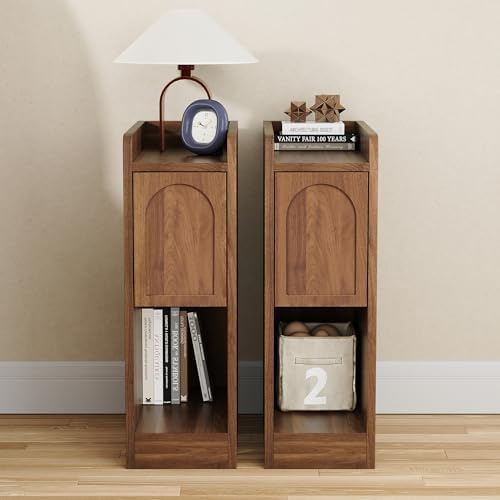 Narrow Nightstands Set of 2, Slim Bedside Tables with Raised Edge Top, Arched Drawer & Open Shelf, Modern Wooden Small End Tables for Bedroom Small Spaces (2, Walnut)