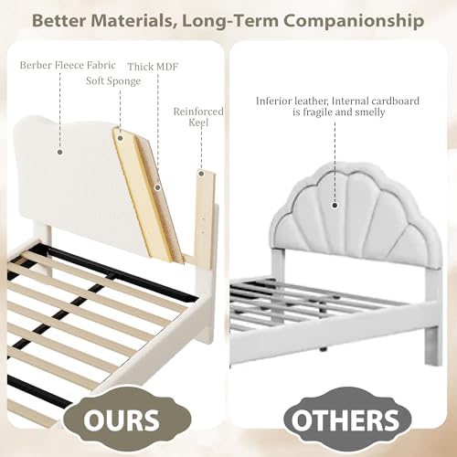 Garvee Upholstered Twin Size Bed Frame for Kids with Scallop Headboard, Cute Velvet Twin Bed for Girls, Boys, Sturdy Platform Bed, No Box Spring Needed, Wooden Slats, Noise Free, Beige
