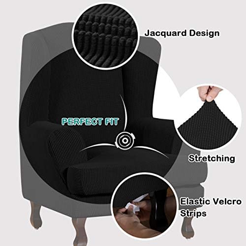 Turquoize Wingback Chair Covers 2 Piece Wing Chair Slipcover Stretch Slipcovers for Wingback Chairs Wing Chair Cover Spandex Jacquard Fabric with Elastic Bottom Non-Slip Furniture Cover, Black