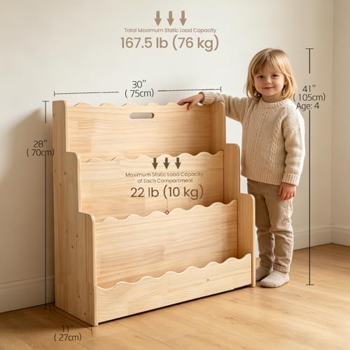 LINMAGCO Scalloped Kids Bookshelf, 3-Tier Montessori Toddler Bookcase, Front-Facing Book Organizer with Handle, Solid Pine Wood, Nursery Book Shelves for Bedroom Playroom Classroom & Reading Corner