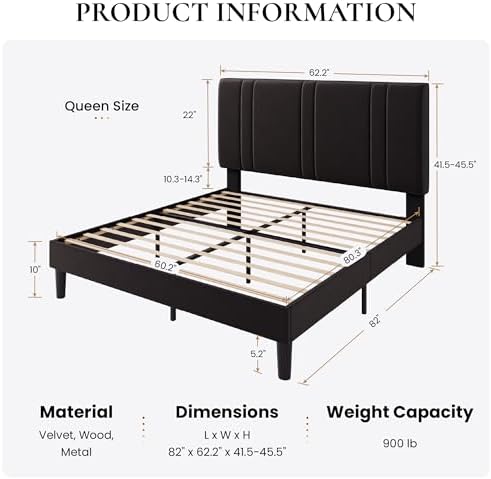 SHA CERLIN Queen Size Velvet Bed Frame with Adjustable Headboard, Black