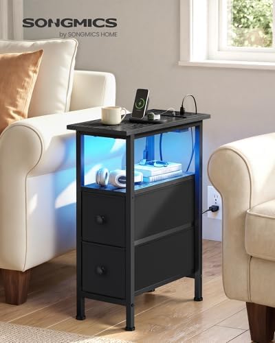 SONGMICS Side Table with LED Light, Narrow End Table with 2 Fabric Drawers