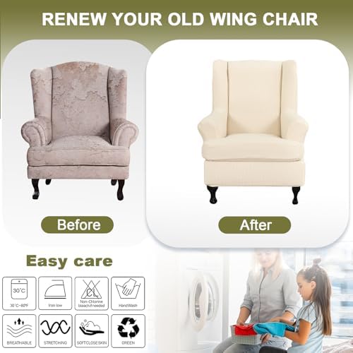 NILUOH Stretch Wingback Chair Slipcover 2-Piece Wing Chair Slipcovers Sofa Cover Furniture Protector Soft with Elastic Bottom, Spandex Jacquard Fabric,Off-White