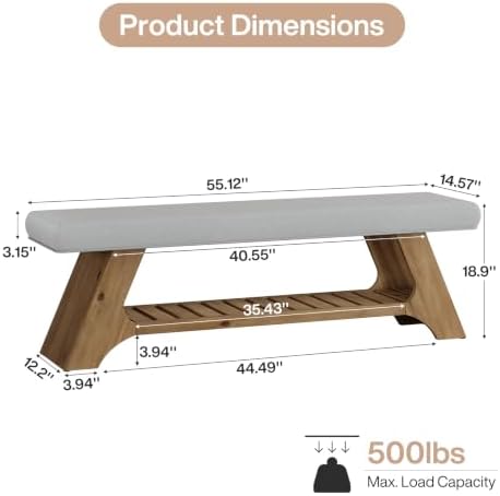 Tribesigns 55" Solid Wood Bench with Cushion, Upholstered Entryway Bench