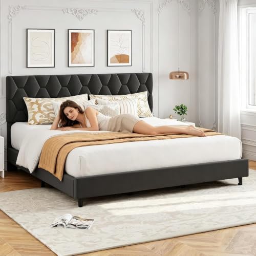 Queen Bed Frame with Adjustable Headboard, Upholstered Bed Frame, Grey