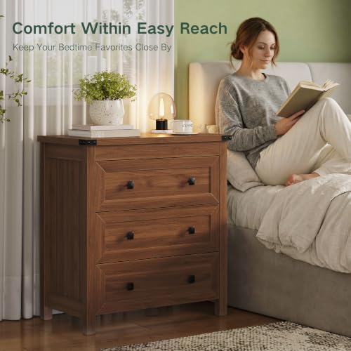 Farmhouse Nightstand with 3 Drawers, Wood Bedside Table, Walnut