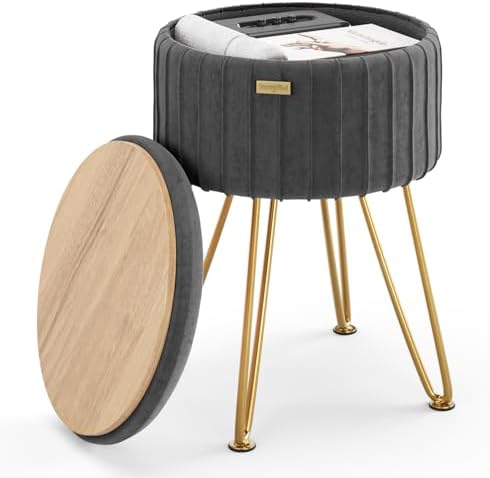 Round Ottoman with Storage, Pleated Velvet Storage Ottoman, Foot Stool Ottomans, Makeup Vanity Stool, Small Ottomans Foot Rest, Modern Vanity Stools for Living Room and Bedroom, Grey