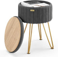 Round Ottoman with Storage, Pleated Velvet Storage Ottoman, Foot Stool Ottomans, Makeup Vanity Stool, Small Ottomans Foot Rest, Modern Vanity Stools for Living Room and Bedroom, Grey