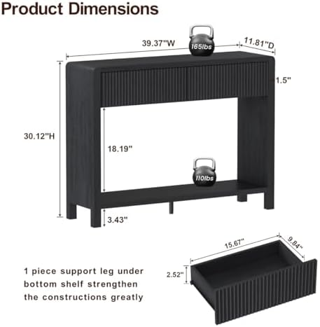 FATORRI Console Entryway Table, Modern Sofa Table with 2 Drawers for Living Room, 39.37 inch Narrow Wood Hallway Tables and Couch Tables Behind Sofa for Small Space (Black)