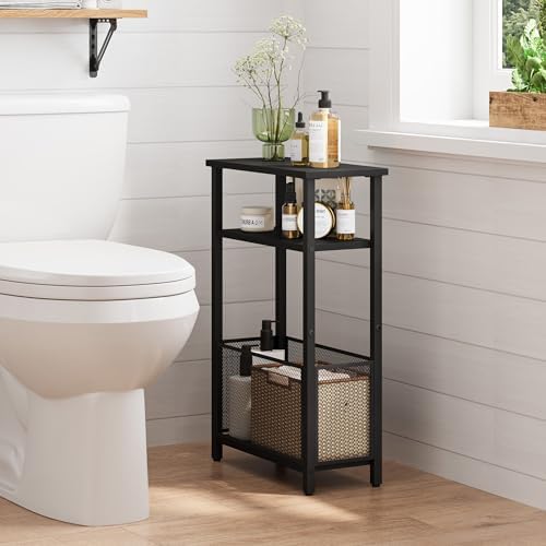 MMEOLUOOK Narrow Side Table with Storage Basket Skinny End Tables for Smalls Spaces 3 Tier Sofa Table Small Nightstand Slim Bedside Table for Living Room Bedroom Black MLBZ22B