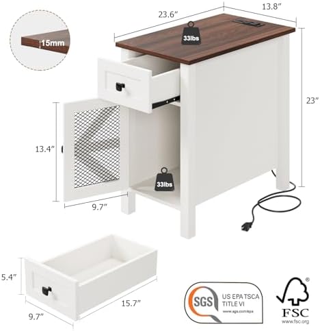 Farmhouse End Table with Charging Station, Narrow Side Tables with Storage