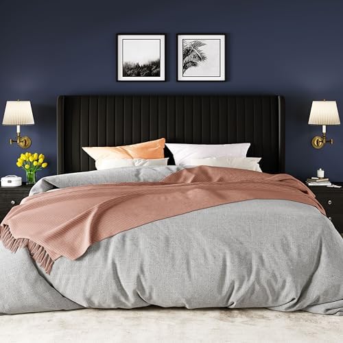 Allewie King Size Velvet Bed Frame/Vertical Channel Tufted Wingback Headboard/Upholstered Platform Bed/Strong Wooden Slats/No Box Spring Needed/Easy Assembly/Black