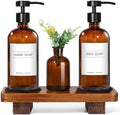 KASUNTING Amber Glass Soap Dispenser with Upgraded Flat Pump, Dish Soap Dispenser for Kitchen, Hand Soap Dispenser for Bathroom, Decorative Vase & Wood Riser Bathroom Decor(Amber02)