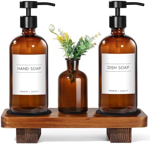 KASUNTING Amber Glass Soap Dispenser with Upgraded Flat Pump, Dish Soap Dispenser for Kitchen, Hand Soap Dispenser for Bathroom, Decorative Vase & Wood Riser Bathroom Decor(Amber02)