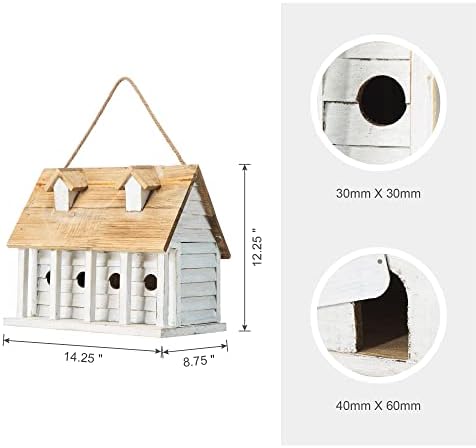 Glitzhome 14.25”L Wood Hanging Birdhouse for Outdoors Oversized Distressed Cottage Painted Bird House Rustic Bird House for Bluebird Wren Chickadee Sparrow Bird Nest Box for Garden Patio, Washed White
