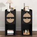 Narrow Nightstand Set of 2 (Rattan & Wood) - Small Bedside Table with 2 Drawers, Open Shelf, Mid Century Modern End Table - for Bedroom, Living Room & Small Spaces, Black