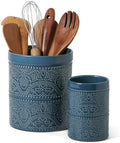 FUN ELEMENTS Kitchen Utensil Holder, 7.2+5.5" Super Large Utensil Crock Heavy and Stable Lace Emboss Ceramic Utensil Holder for Kitchen Counter(2Pcs Grayish Blue)