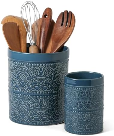 FUN ELEMENTS Kitchen Utensil Holder, 7.2+5.5" Super Large Utensil Crock Heavy and Stable Lace Emboss Ceramic Utensil Holder for Kitchen Counter(2Pcs Grayish Blue)